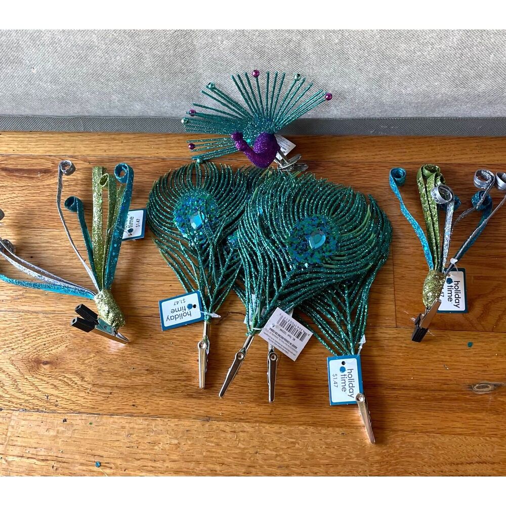 Holiday Time Peacock Christmas Clip Ornaments Lot of 7 Teal Purple Glitter